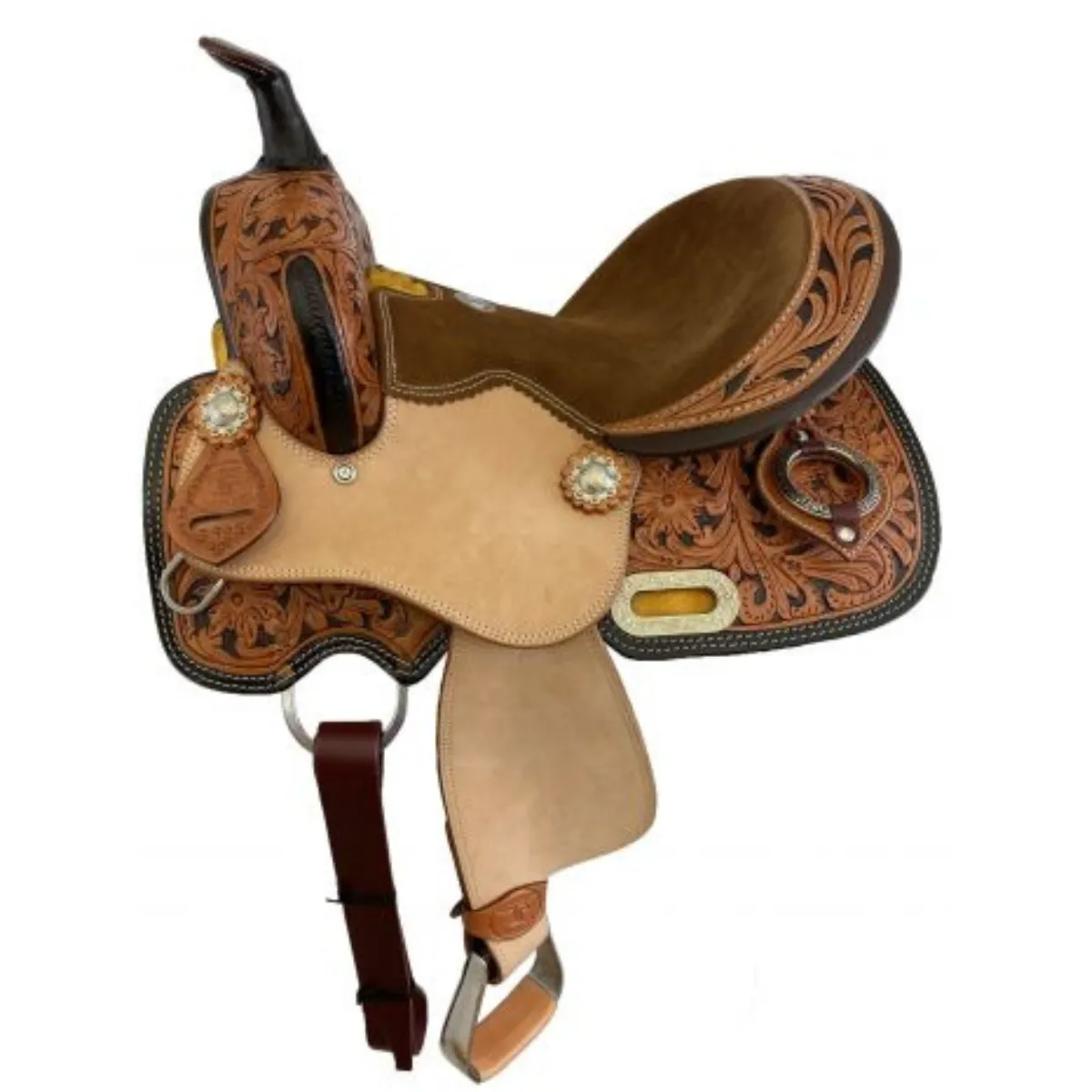 12" DOUBLE T YOUTH BARREL STYLE SADDLE SET WITH A TWO-TONE FLORAL TOOLING