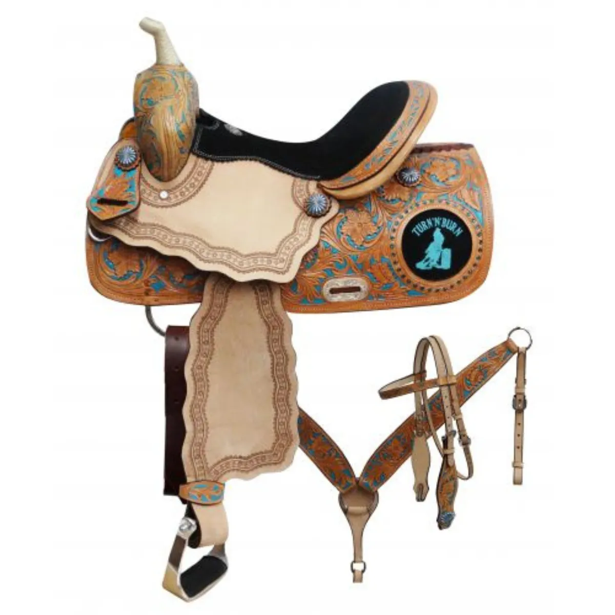 14", 15", 16" Double T barrel saddle set with " Turn 'N' Burn" design.