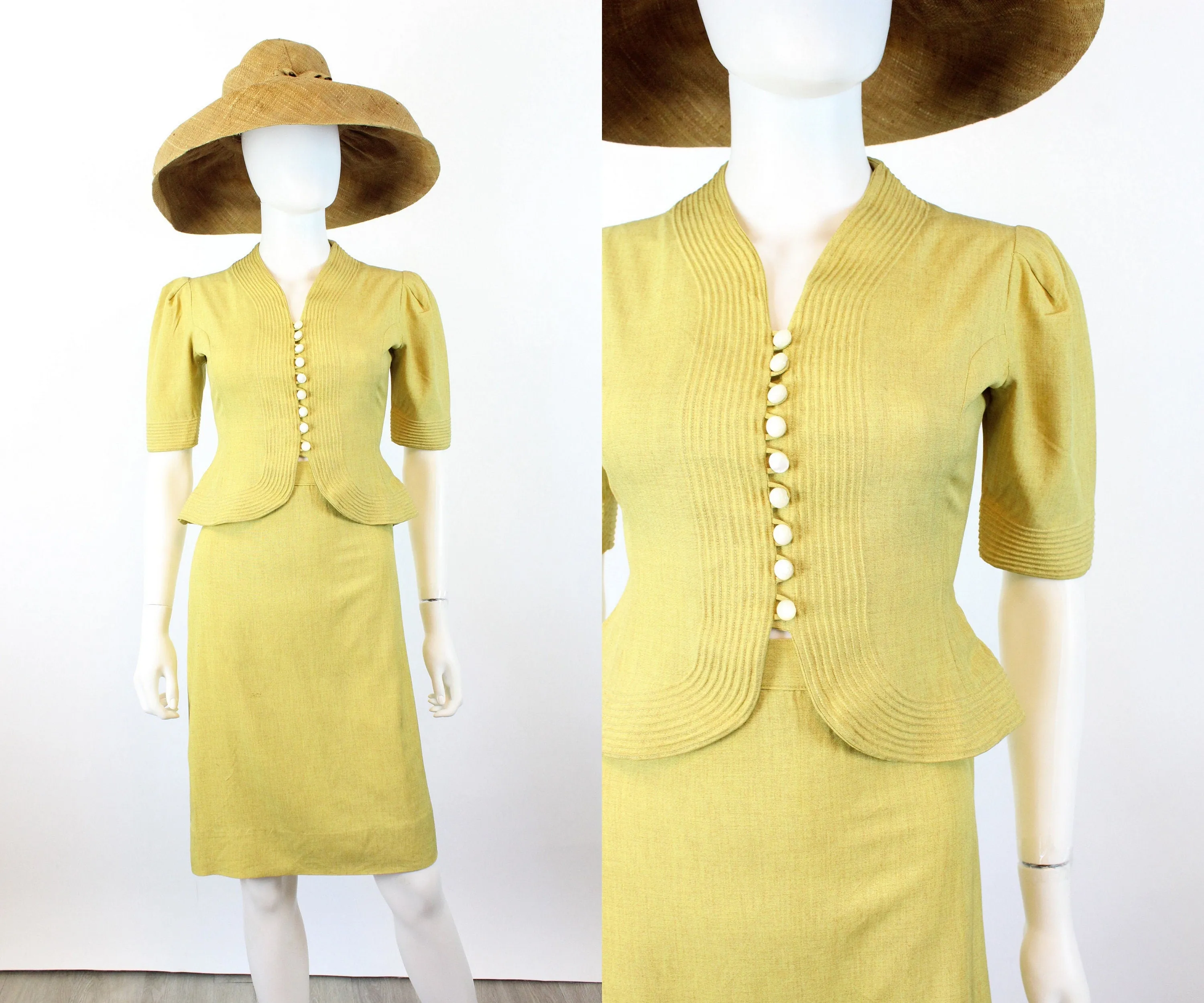 1940s CHARTREUSE linen set suit xxs | new spring