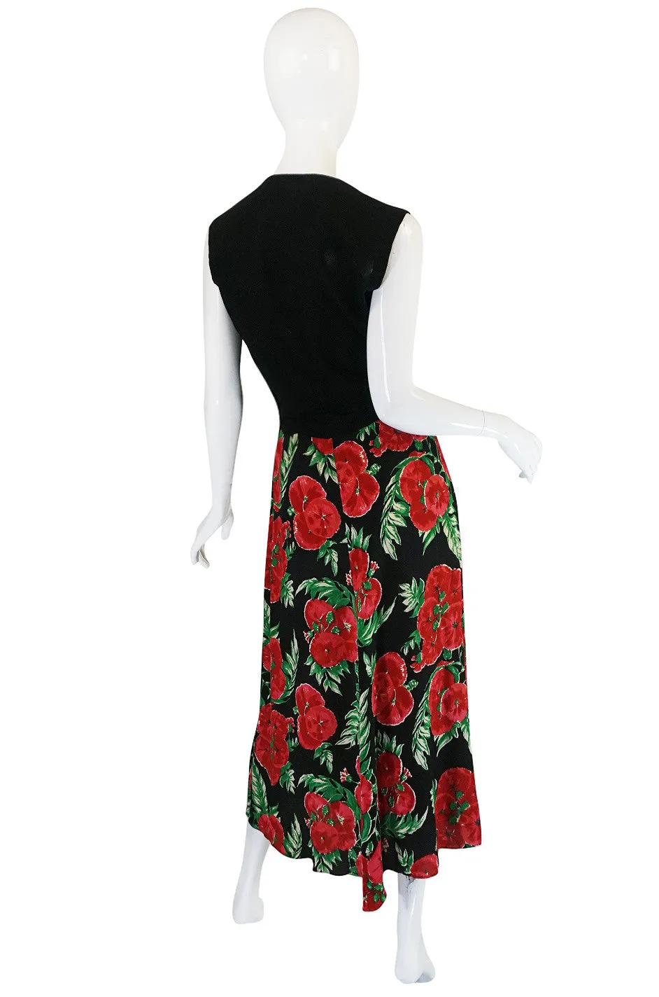 1940s Silk Crepe Padded Roses Floral Swing Dress