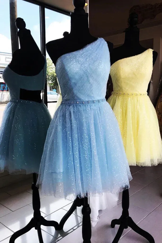 A Line One Shoulder Sparkly Homecoming Dress, Short Tulle Prom Gown UQH0138