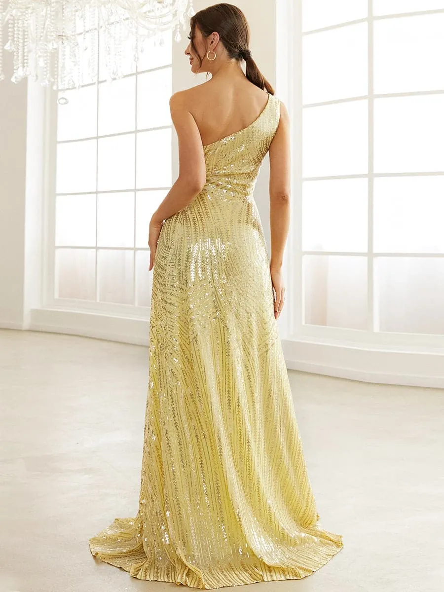 A Line Yellow Sequin One Shoulder Off Prom Dress XJ1534