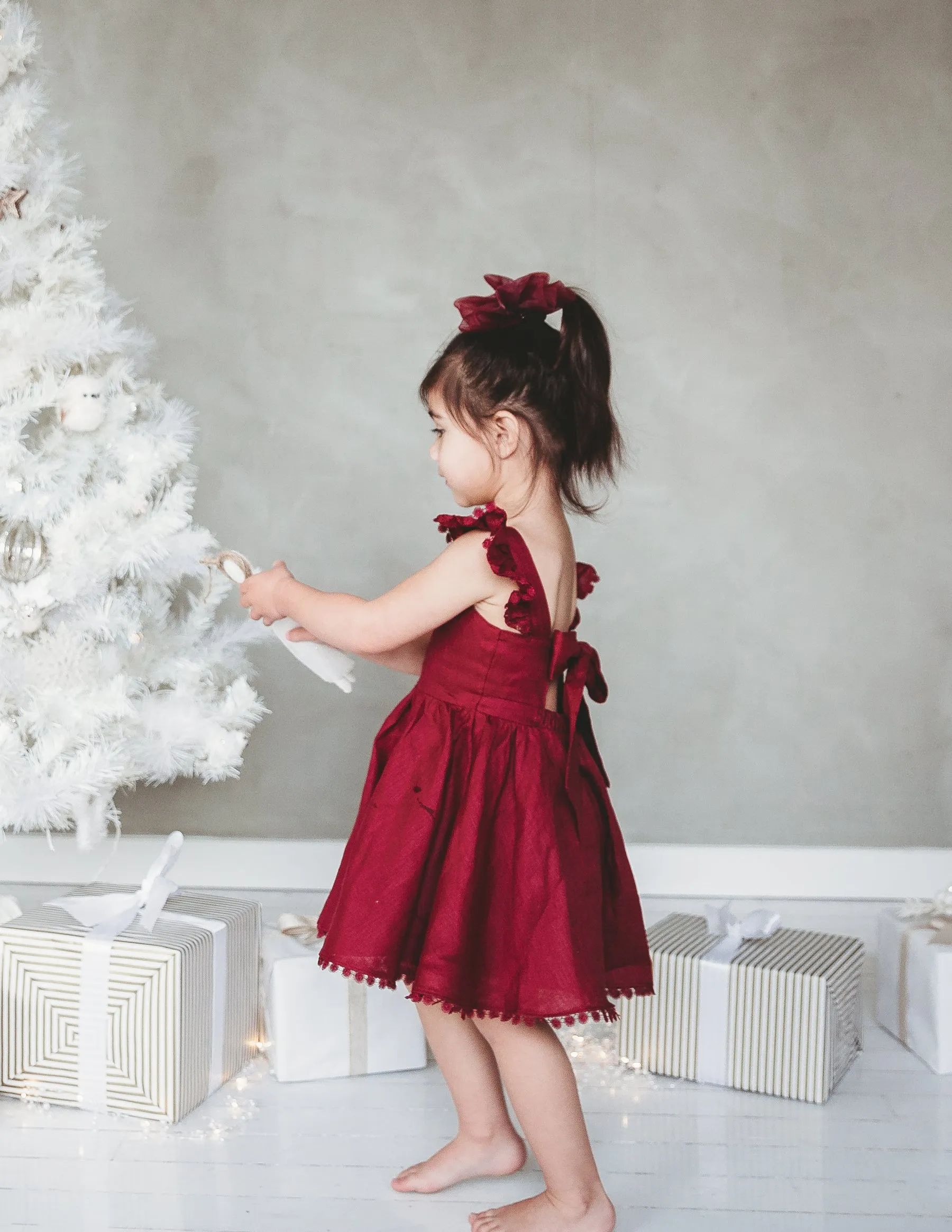 Alaia Linen Girls Dress - Cherry Red