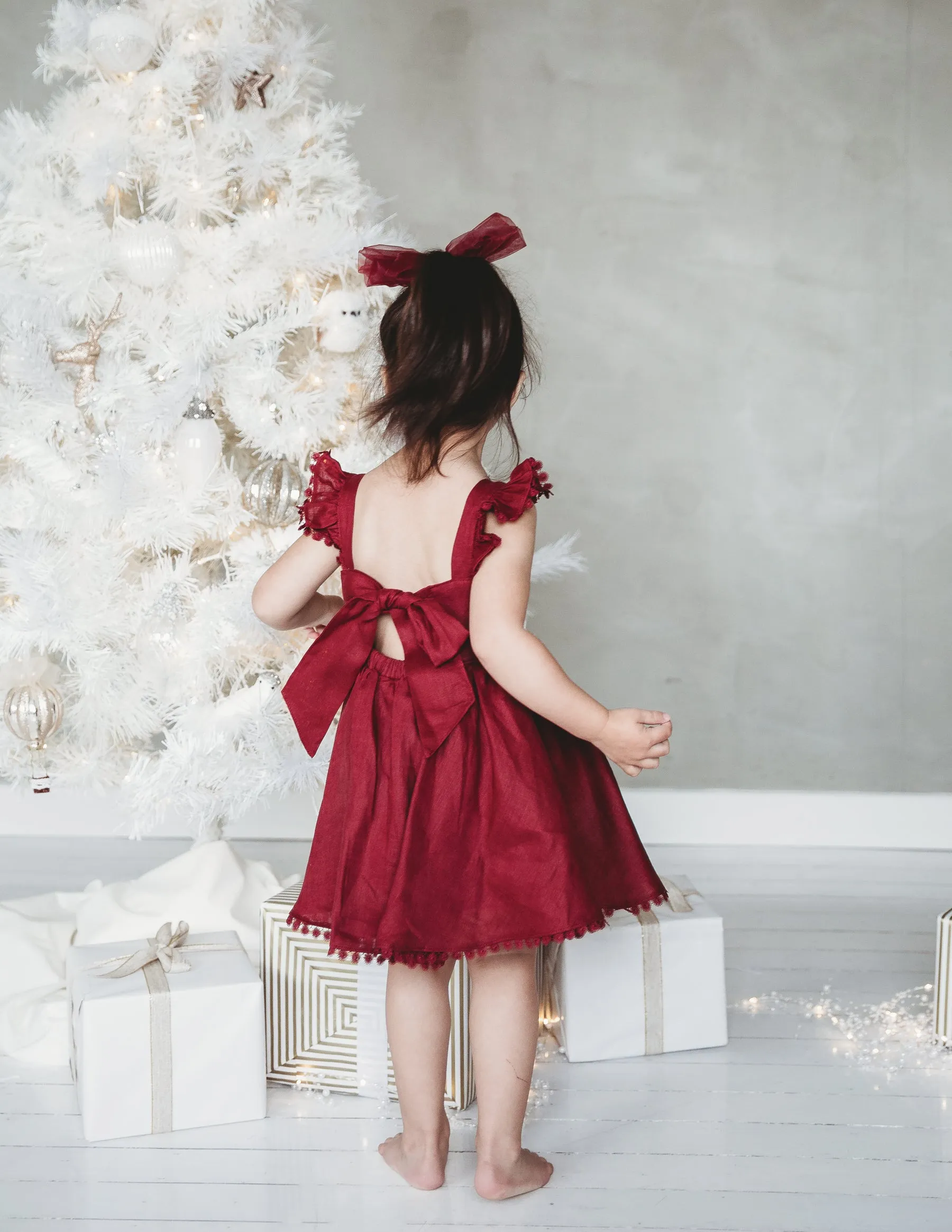 Alaia Linen Girls Dress - Cherry Red