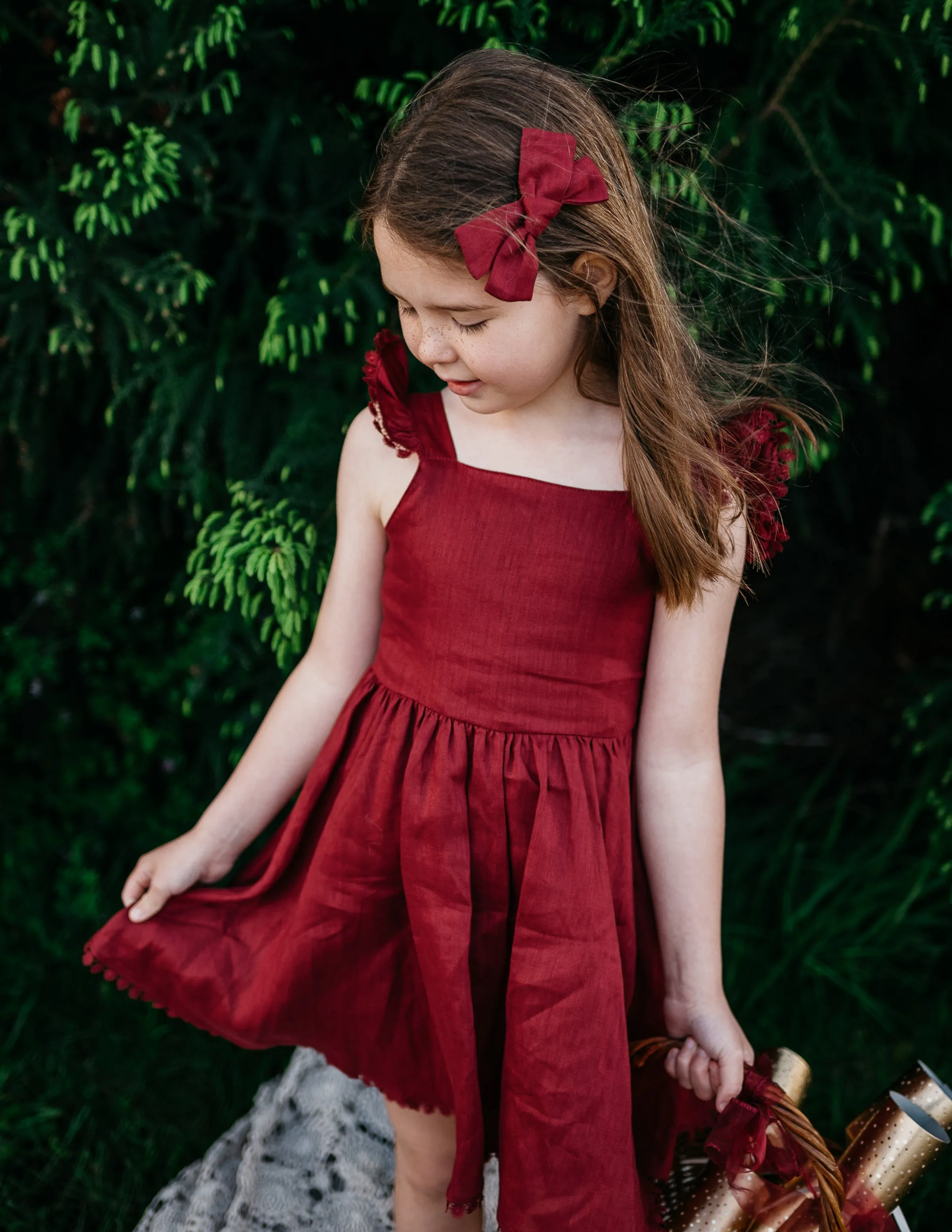 Alaia Linen Girls Dress - Cherry Red