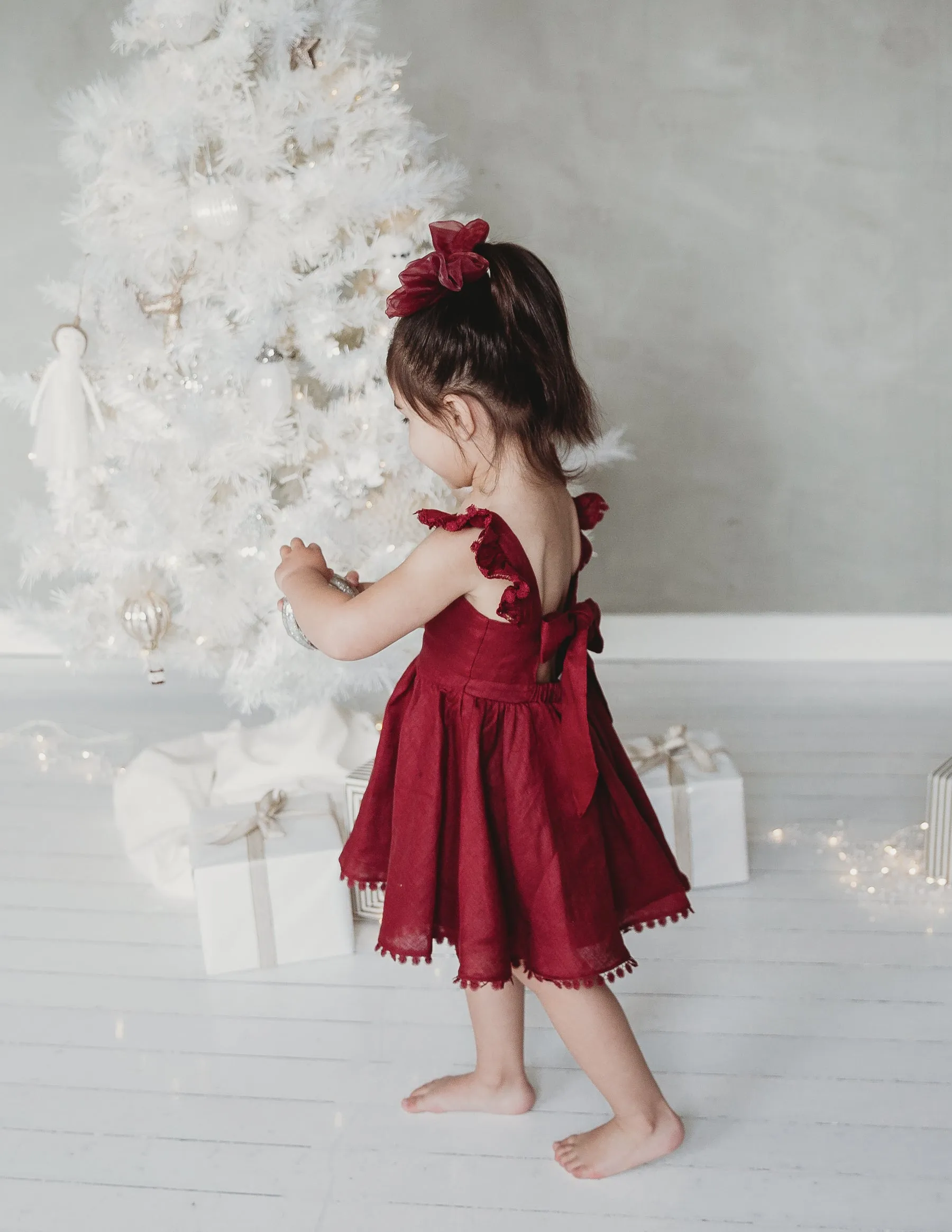 Alaia Linen Girls Dress - Cherry Red