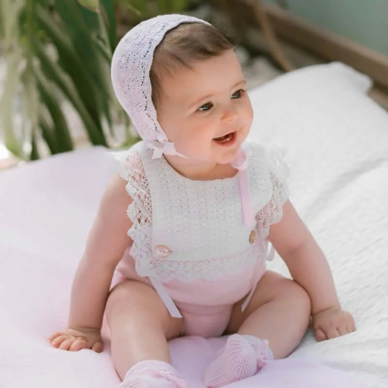 Baby Girls Pink & White Cotton Knit Romper