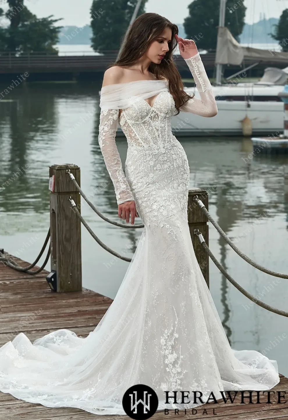 Beaded Sequin Lace and Long Sleeve Corset Bodice Wedding Dress