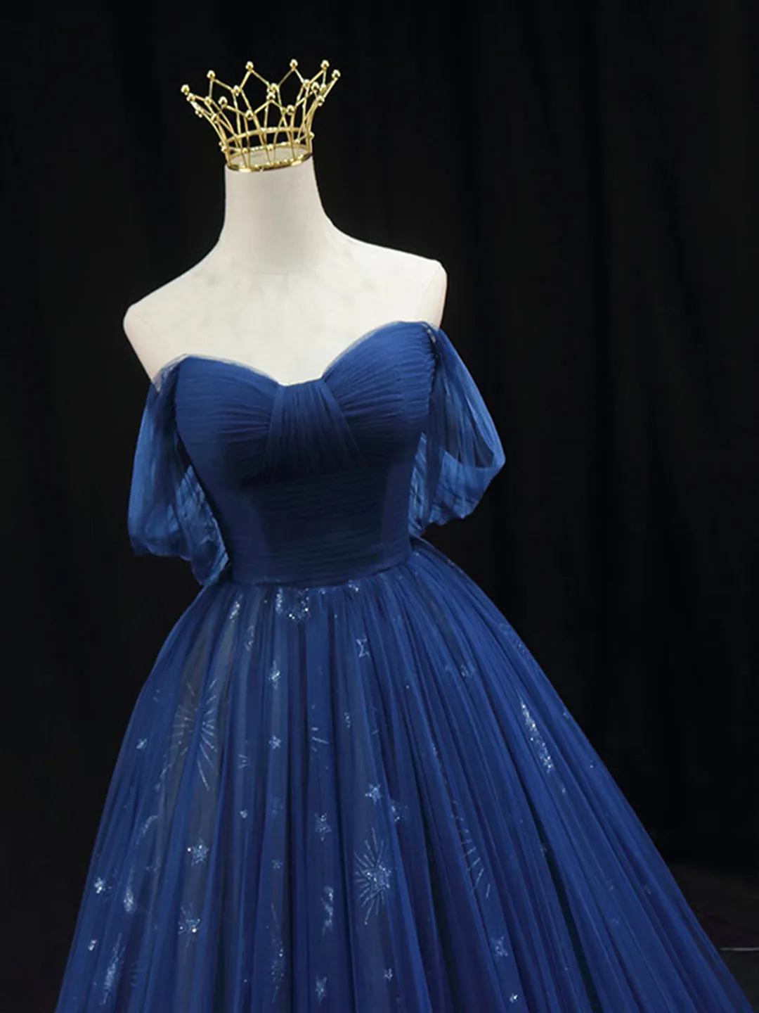 Beautiful Blue Tulle Floor Length Prom Dress A-Line Off the Shoulder Princess Dress Evening Dress