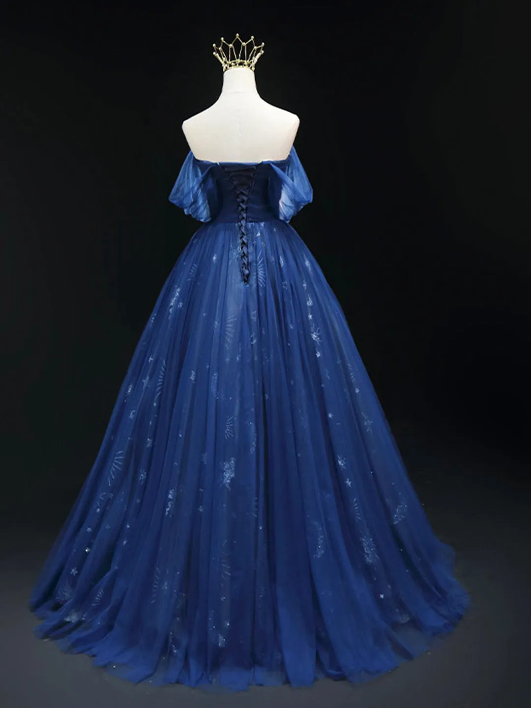 Beautiful Blue Tulle Floor Length Prom Dress A-Line Off the Shoulder Princess Dress Evening Dress