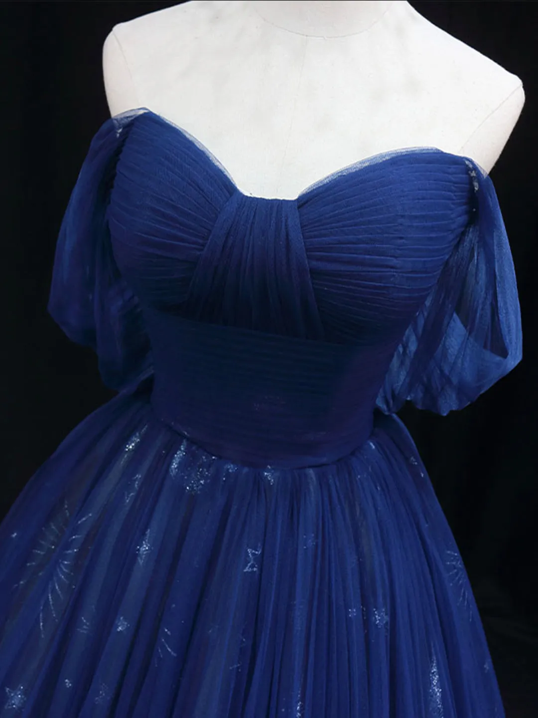 Beautiful Blue Tulle Floor Length Prom Dress A-Line Off the Shoulder Princess Dress Evening Dress