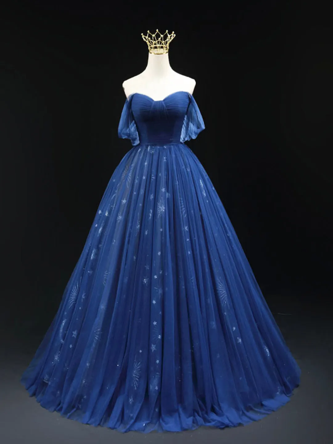 Beautiful Blue Tulle Floor Length Prom Dress A-Line Off the Shoulder Princess Dress Evening Dress