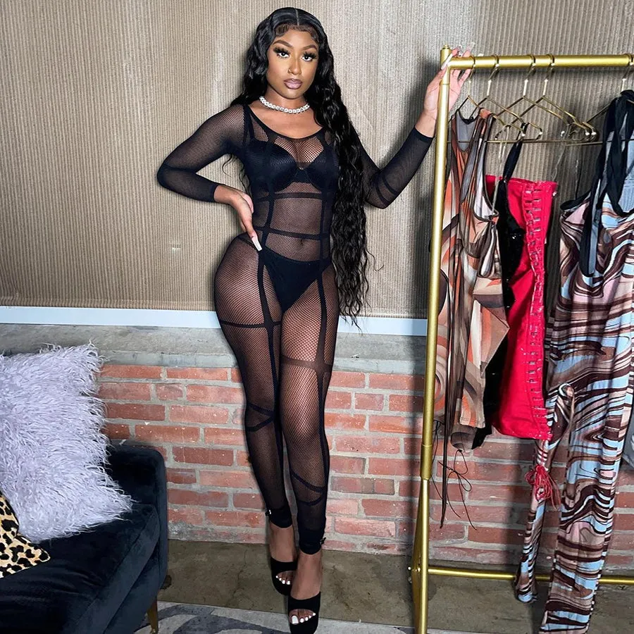 Bethany Black Mesh Sexy Bodycon Jumpsuit