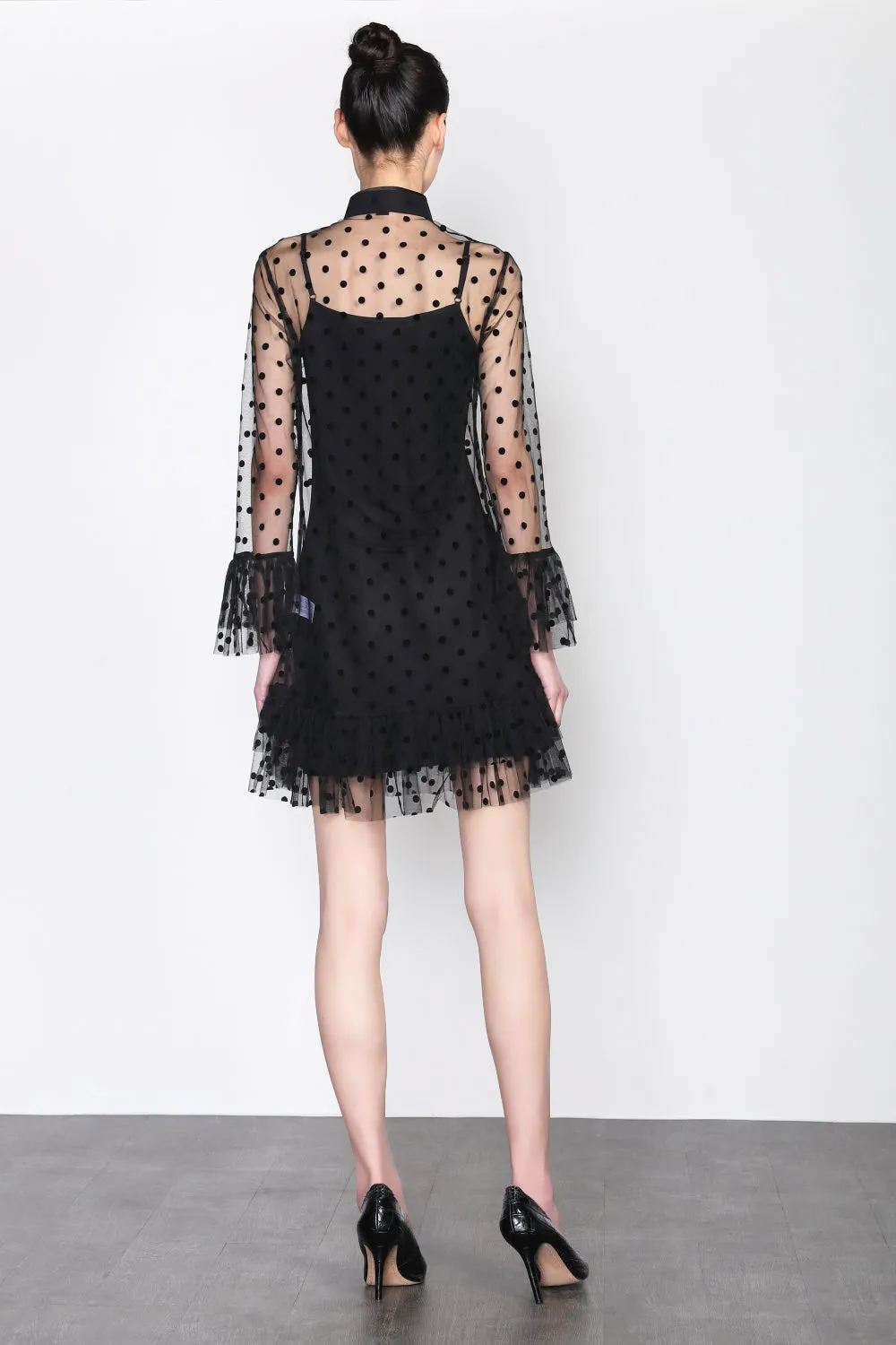 BLACK DOTTED MESH QUARTER SLEEVES DRESS WITH RUFFLED CUFF AND HEM