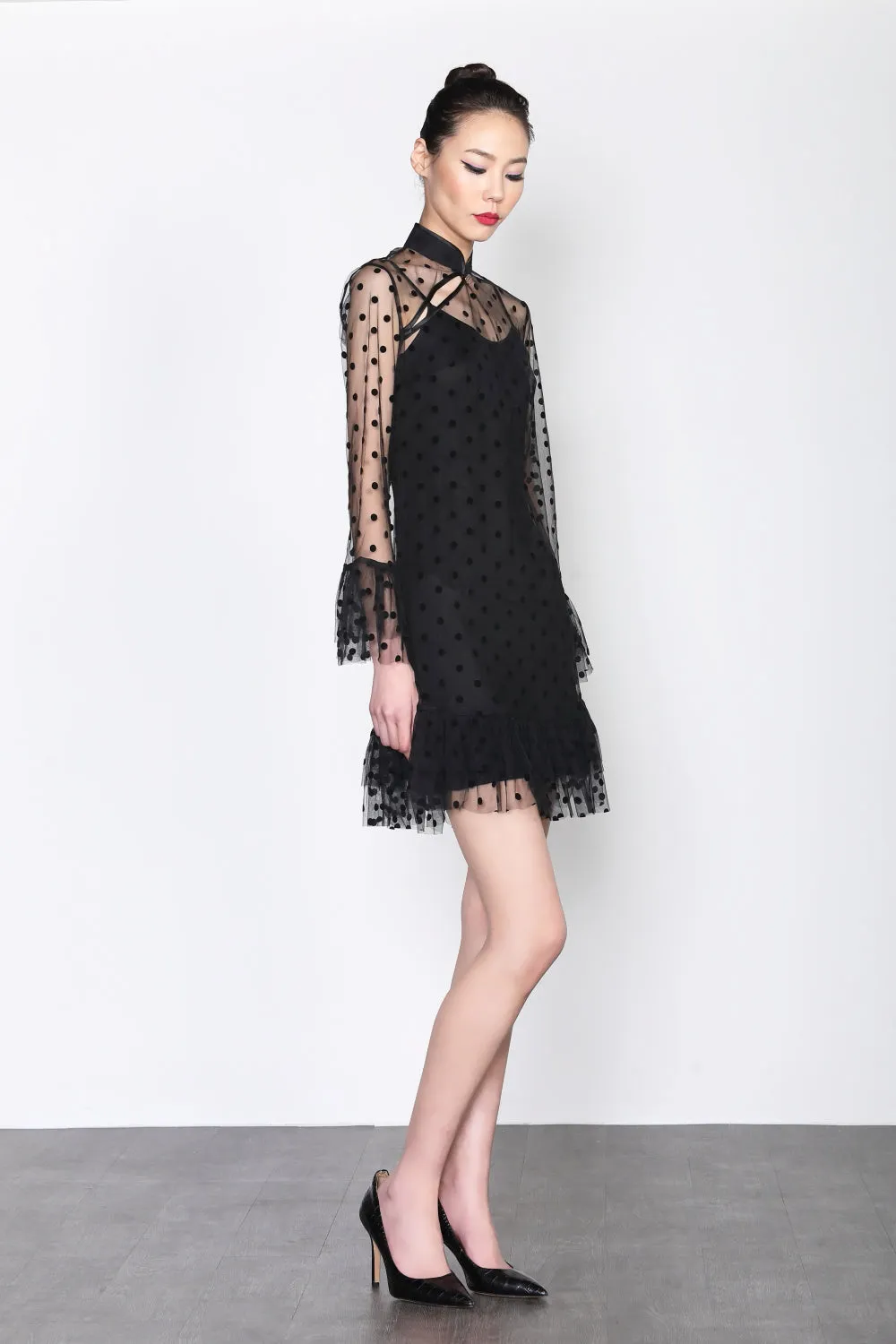 BLACK DOTTED MESH QUARTER SLEEVES DRESS WITH RUFFLED CUFF AND HEM