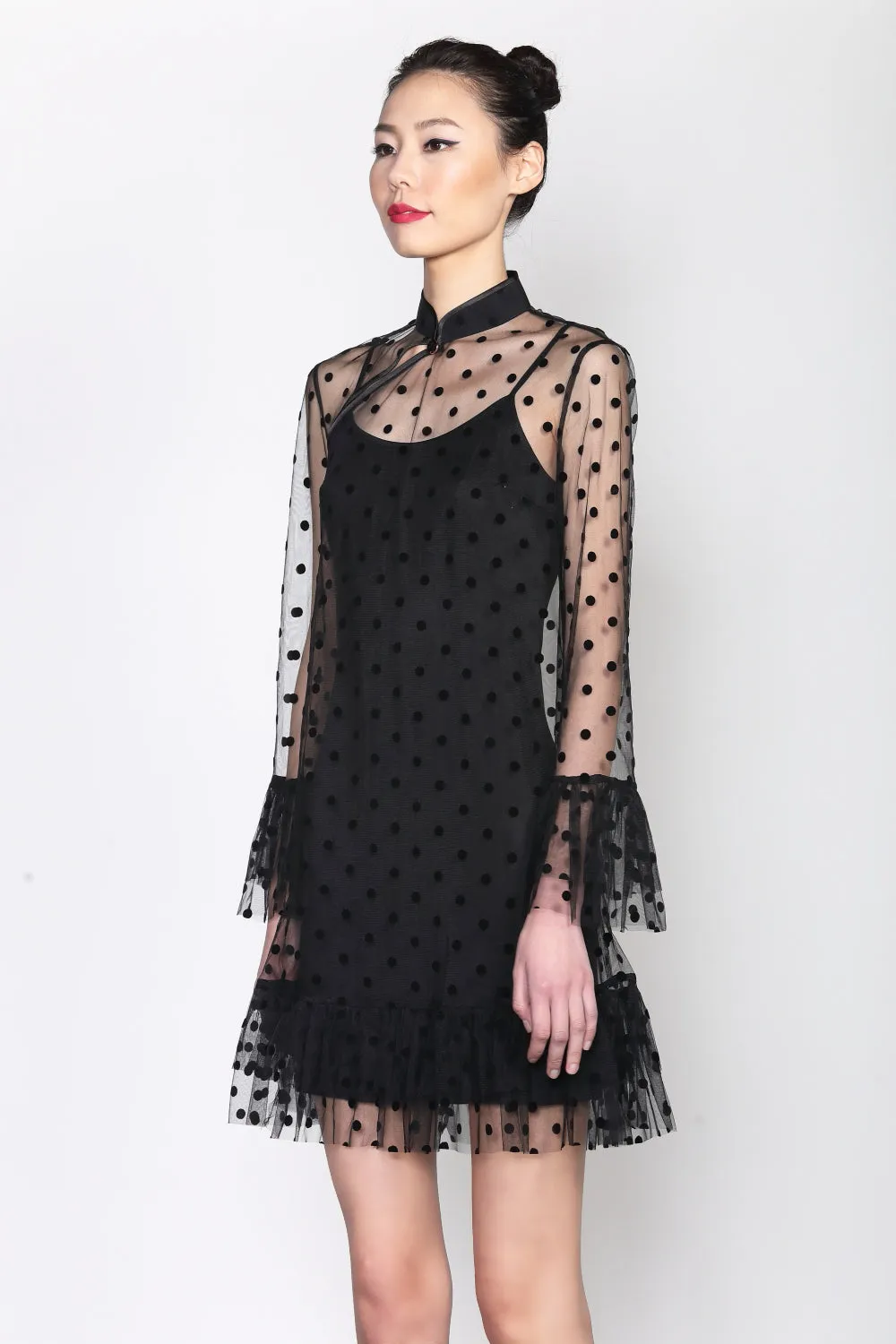 BLACK DOTTED MESH QUARTER SLEEVES DRESS WITH RUFFLED CUFF AND HEM