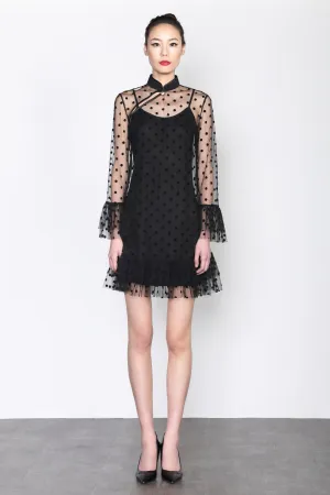 BLACK DOTTED MESH QUARTER SLEEVES DRESS WITH RUFFLED CUFF AND HEM