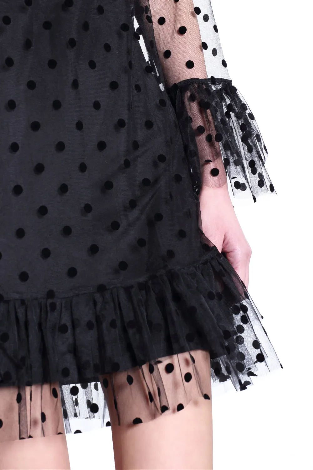 BLACK DOTTED MESH QUARTER SLEEVES DRESS WITH RUFFLED CUFF AND HEM