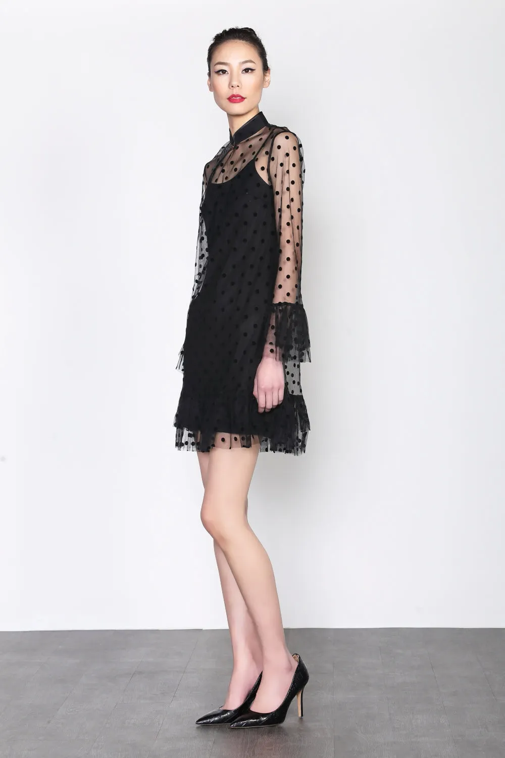 BLACK DOTTED MESH QUARTER SLEEVES DRESS WITH RUFFLED CUFF AND HEM