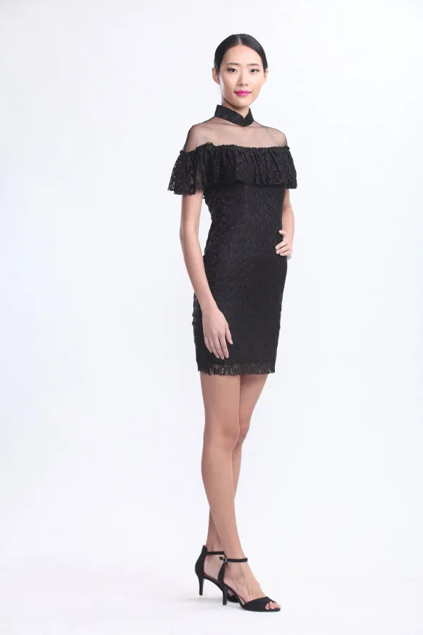 BLACK Lace Ruffles Bardot Qipao