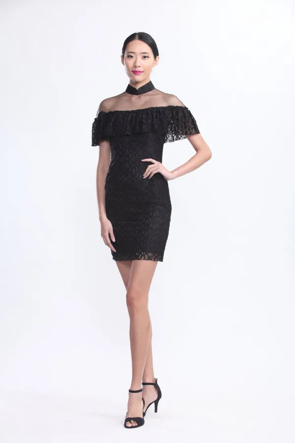 BLACK Lace Ruffles Bardot Qipao