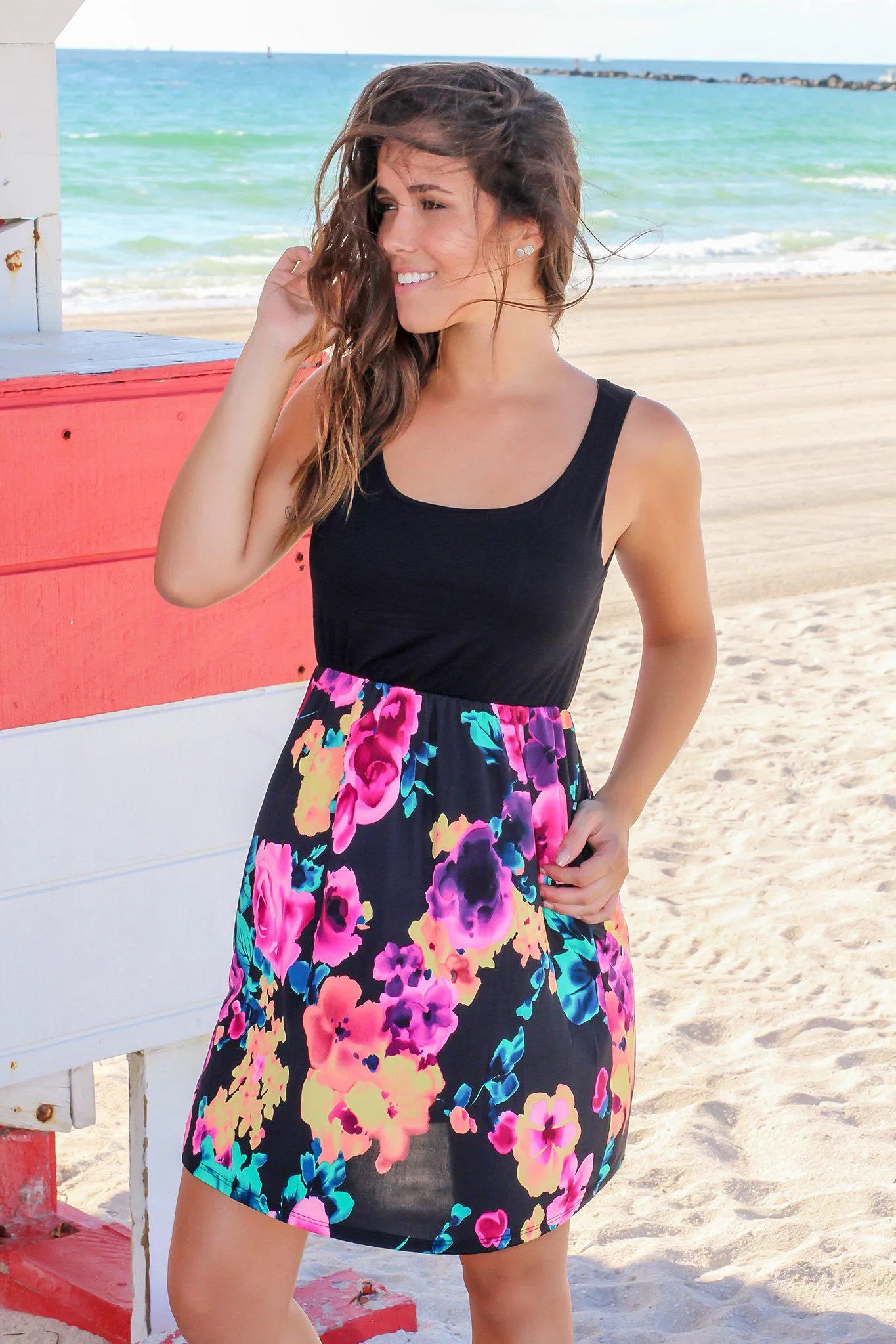 Black Sleeveless Short Dress with Neon Floral Skirt