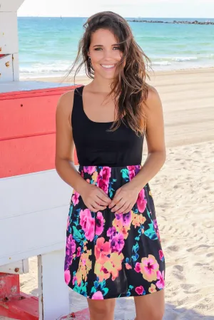 Black Sleeveless Short Dress with Neon Floral Skirt