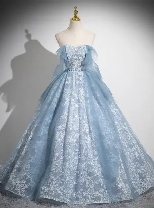 Blue See Through Neck Tulle Lace Quinceanera Dress