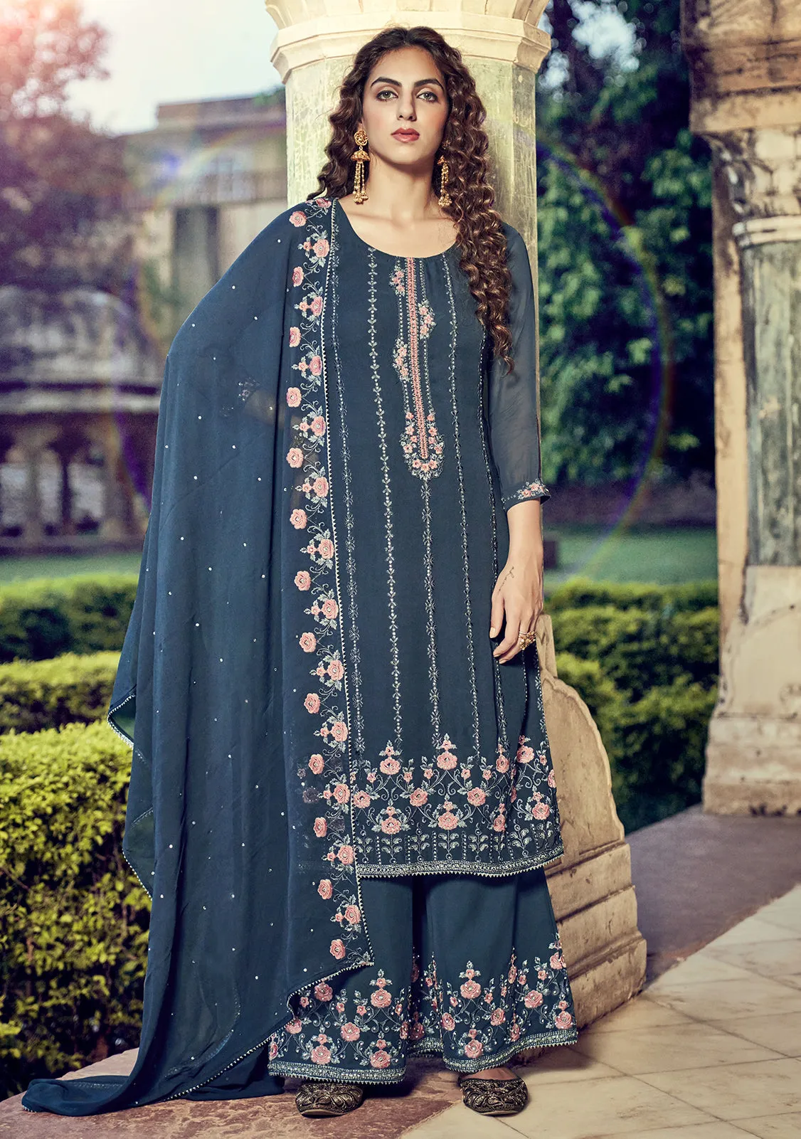 Blue Swarovski Embroidered Georgette Palazzo Suit