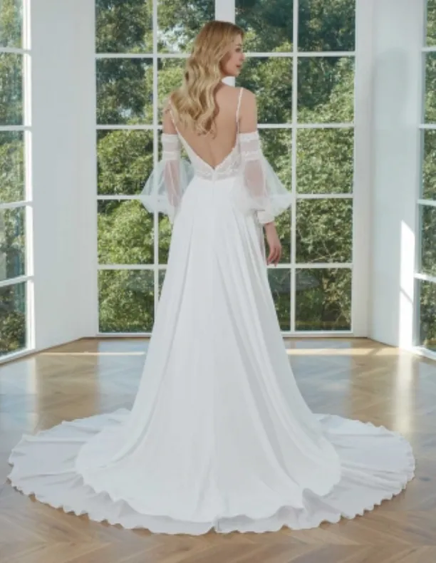 Boho Chiffon Princess A Line Wedding Dress with Detachable Sleeves and Train