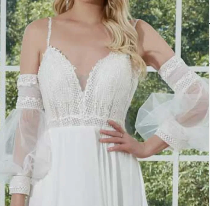 Boho Chiffon Princess A Line Wedding Dress with Detachable Sleeves and Train