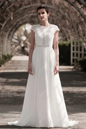 Boho Lace Boat Neck Sweep Train Chiffon Bridal Dress