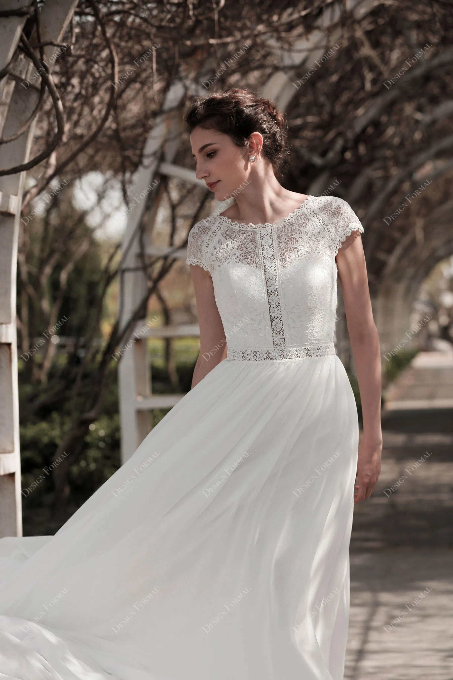 Boho Lace Boat Neck Sweep Train Chiffon Bridal Dress