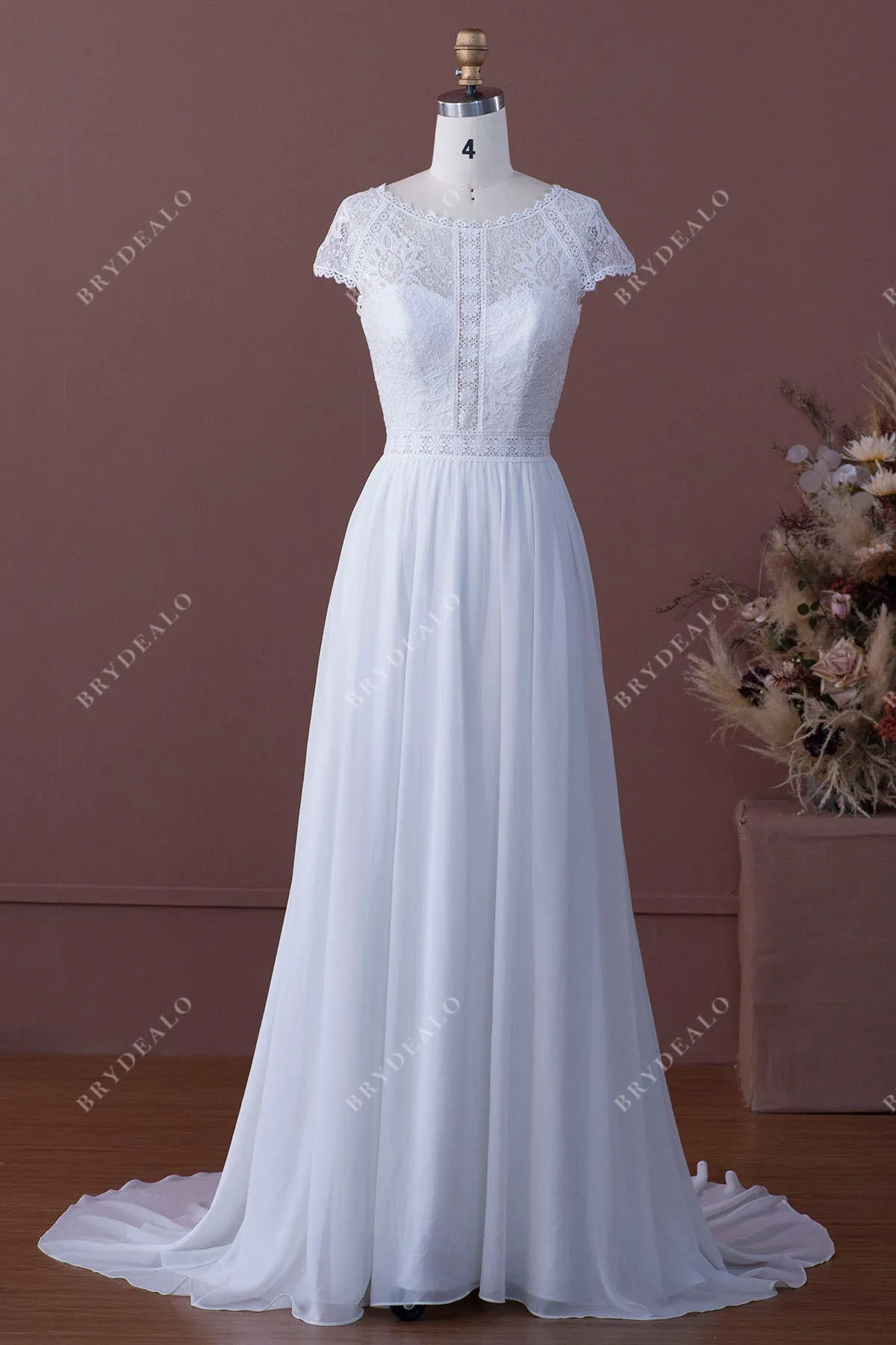 Boho Lace Boat Neck Sweep Train Chiffon Bridal Dress