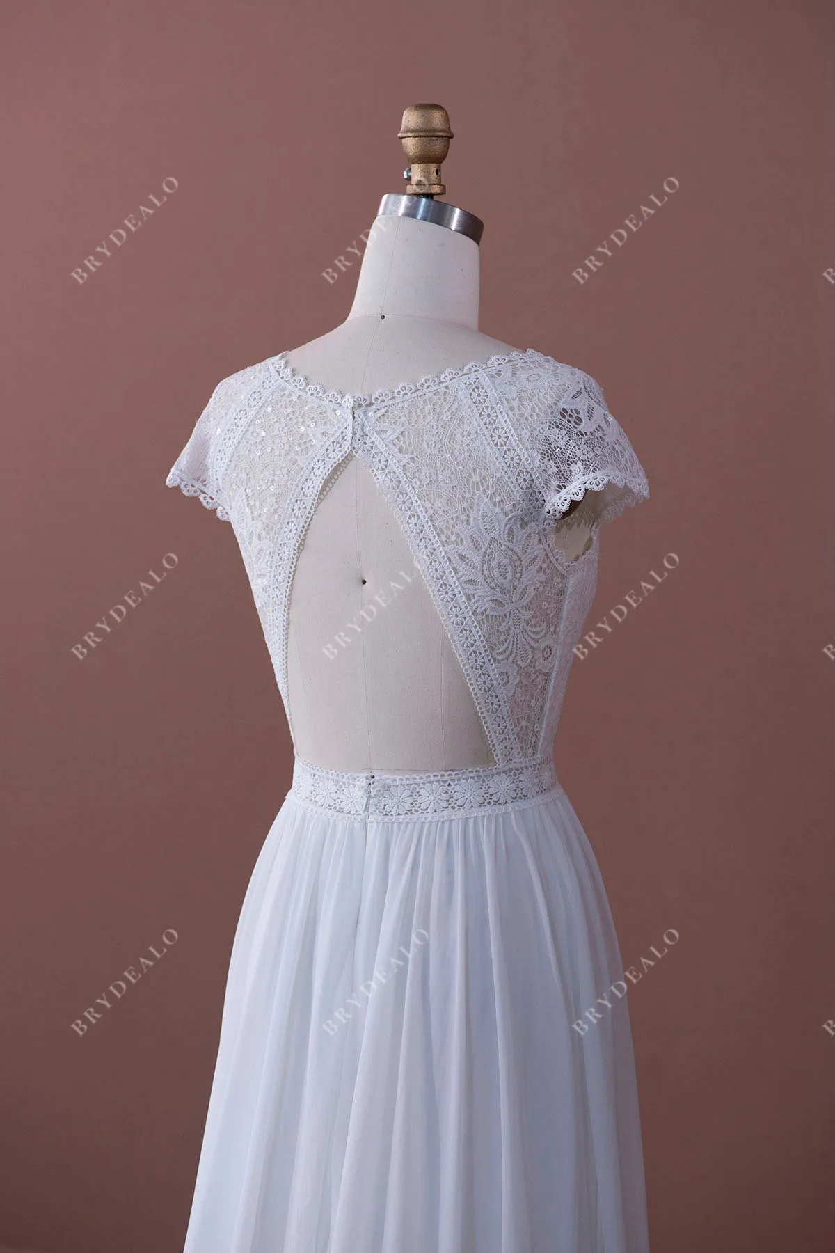 Boho Lace Boat Neck Sweep Train Chiffon Bridal Dress