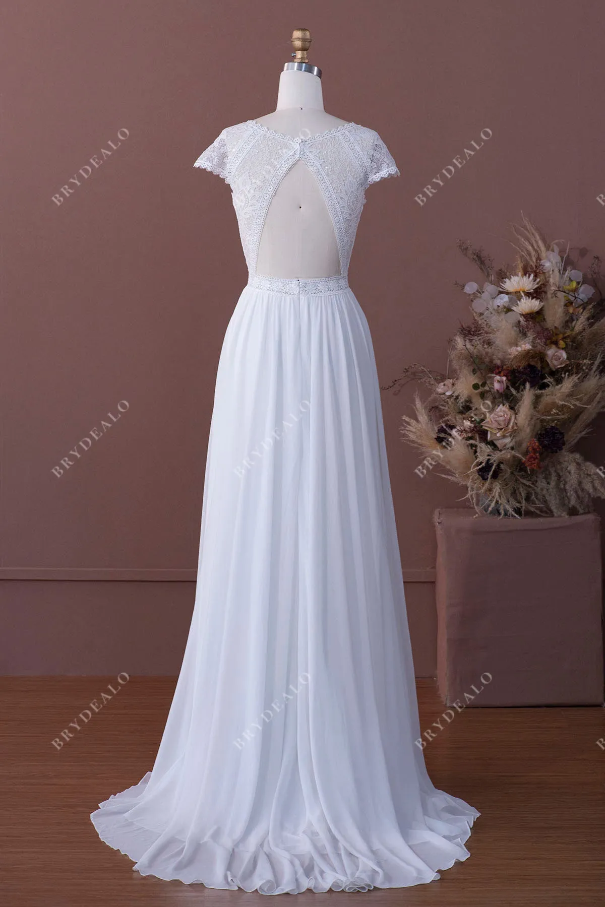 Boho Lace Boat Neck Sweep Train Chiffon Bridal Dress