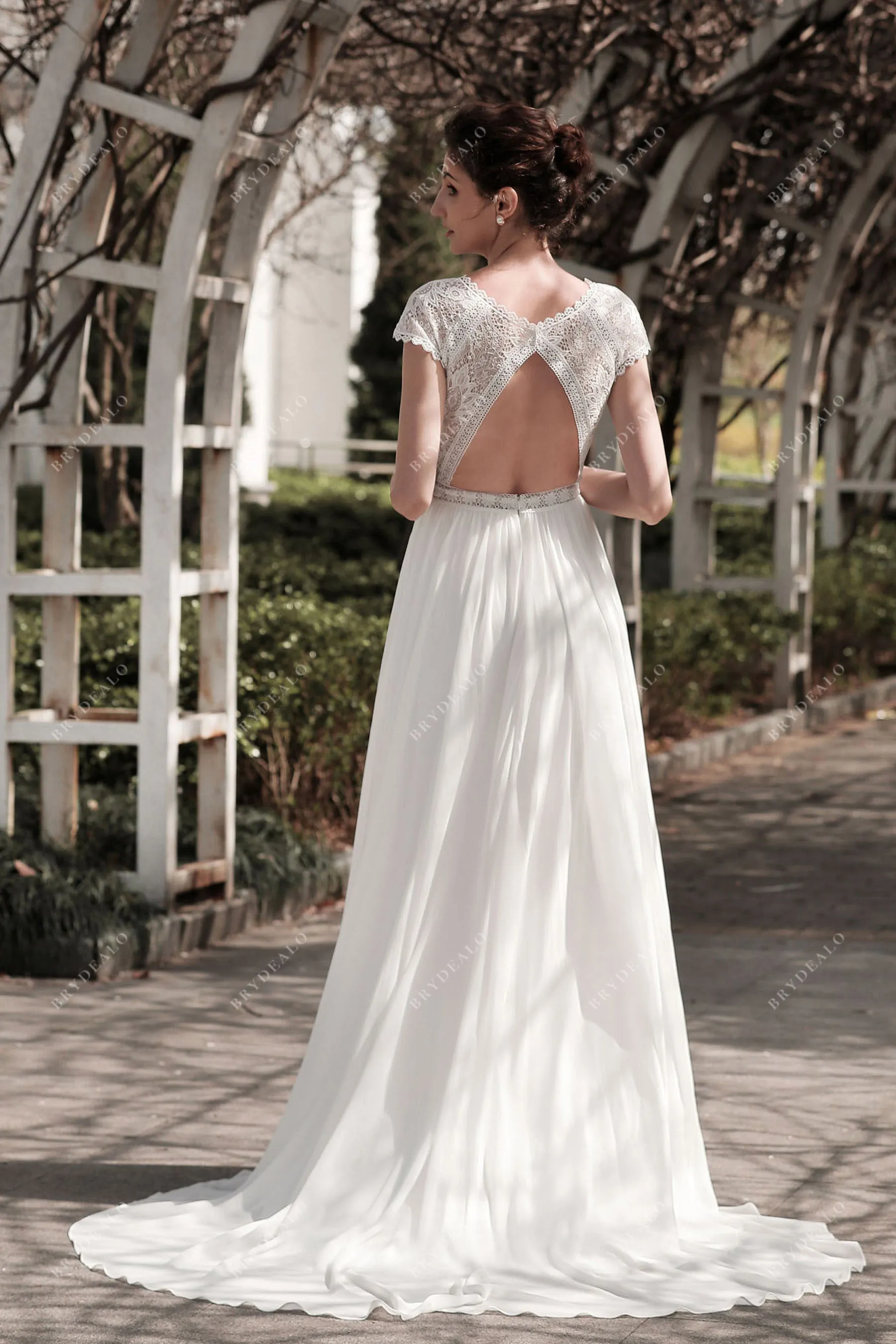 Boho Lace Boat Neck Sweep Train Chiffon Bridal Dress