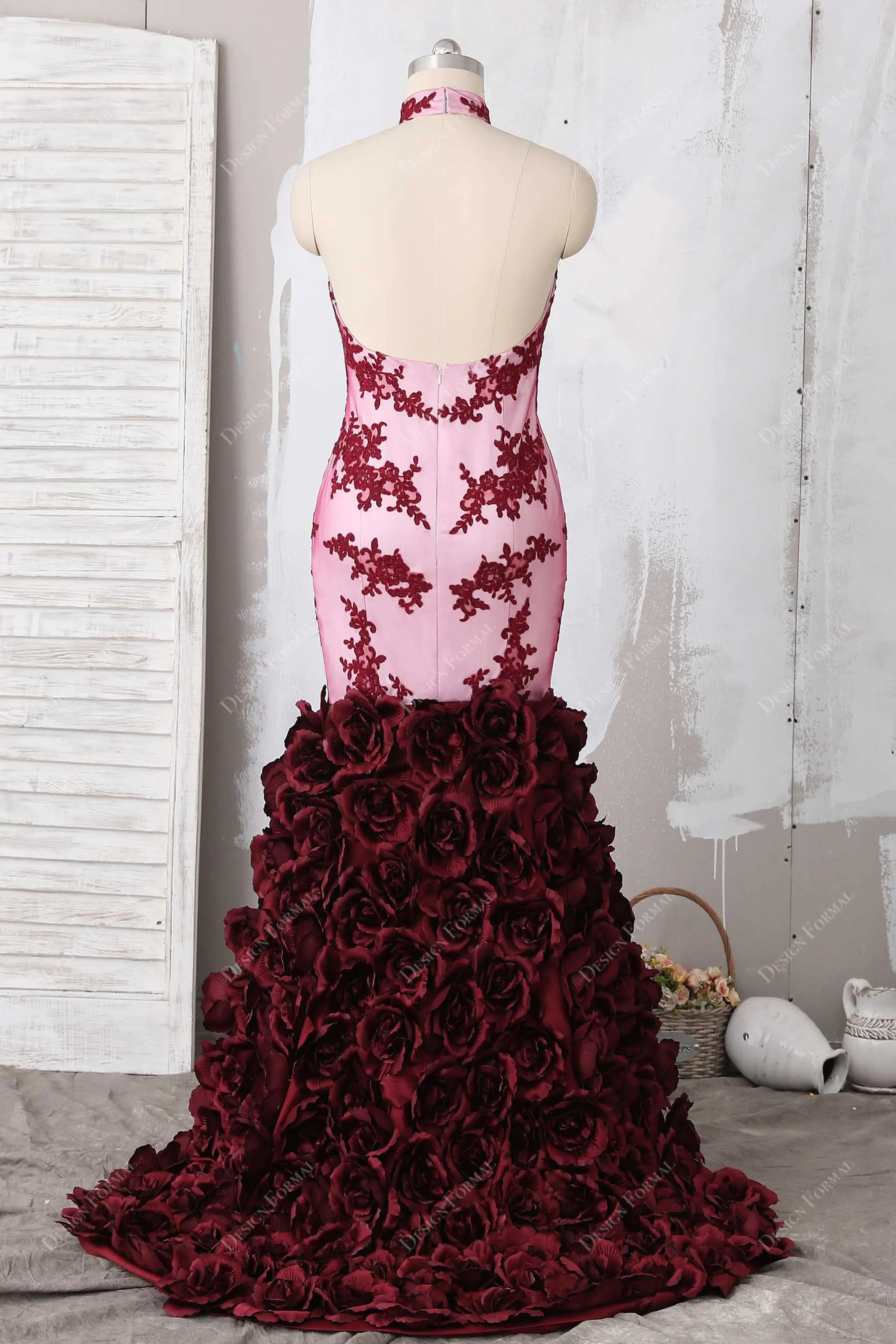 Burgundy 3D Rose Keyhole Halte Dramatic Trumpet Dress