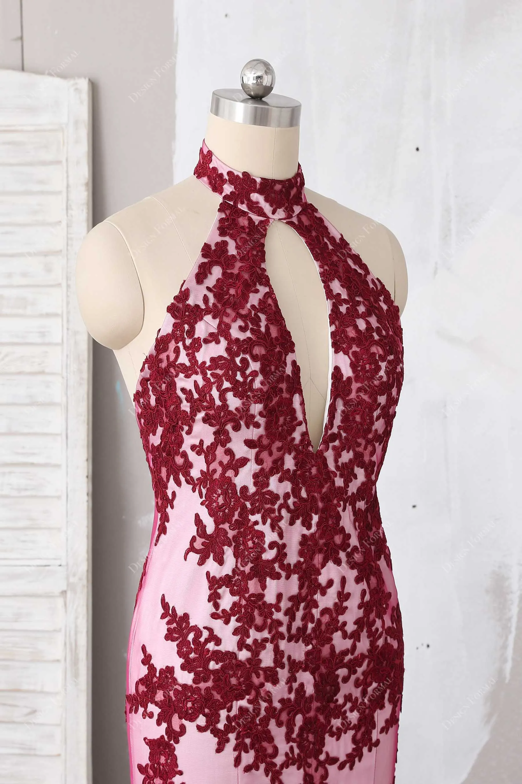 Burgundy 3D Rose Keyhole Halte Dramatic Trumpet Dress