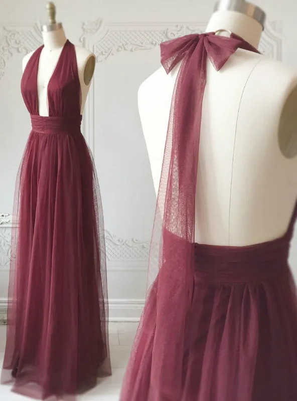 Burgundy Tulle Halter Deep V-neck Backless Prom Dress