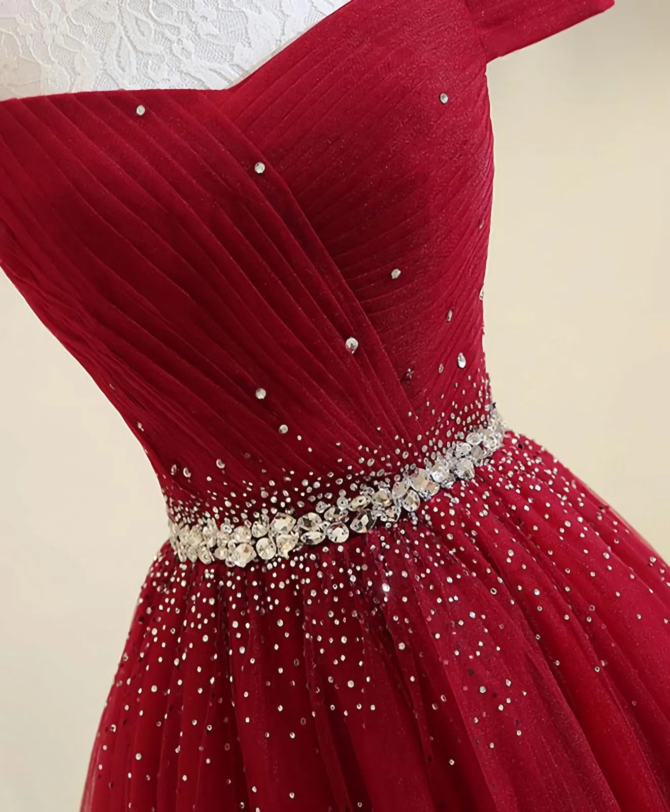 Burgundy Tulle Off Shoulder Long A Line Prom Dresses