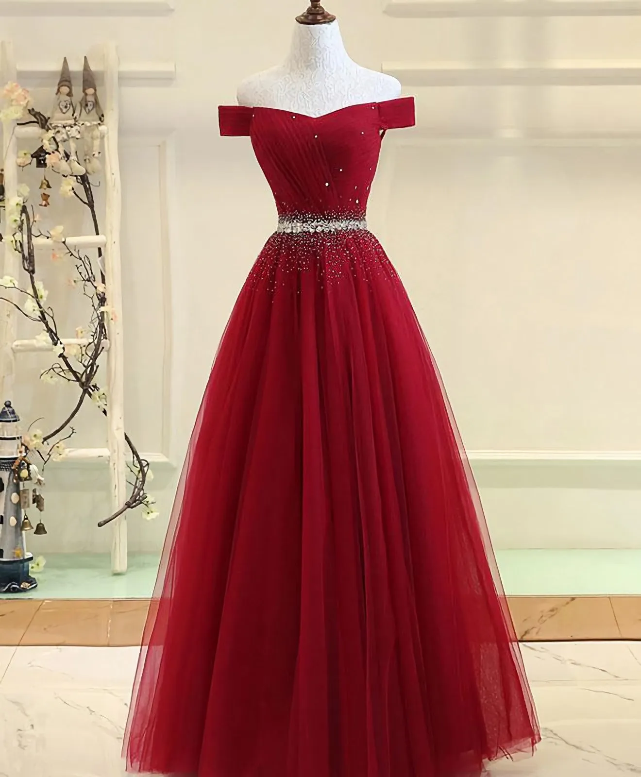 Burgundy Tulle Off Shoulder Long A Line Prom Dresses