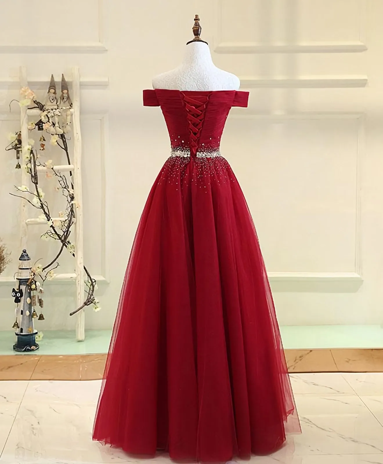 Burgundy Tulle Off Shoulder Long A Line Prom Dresses