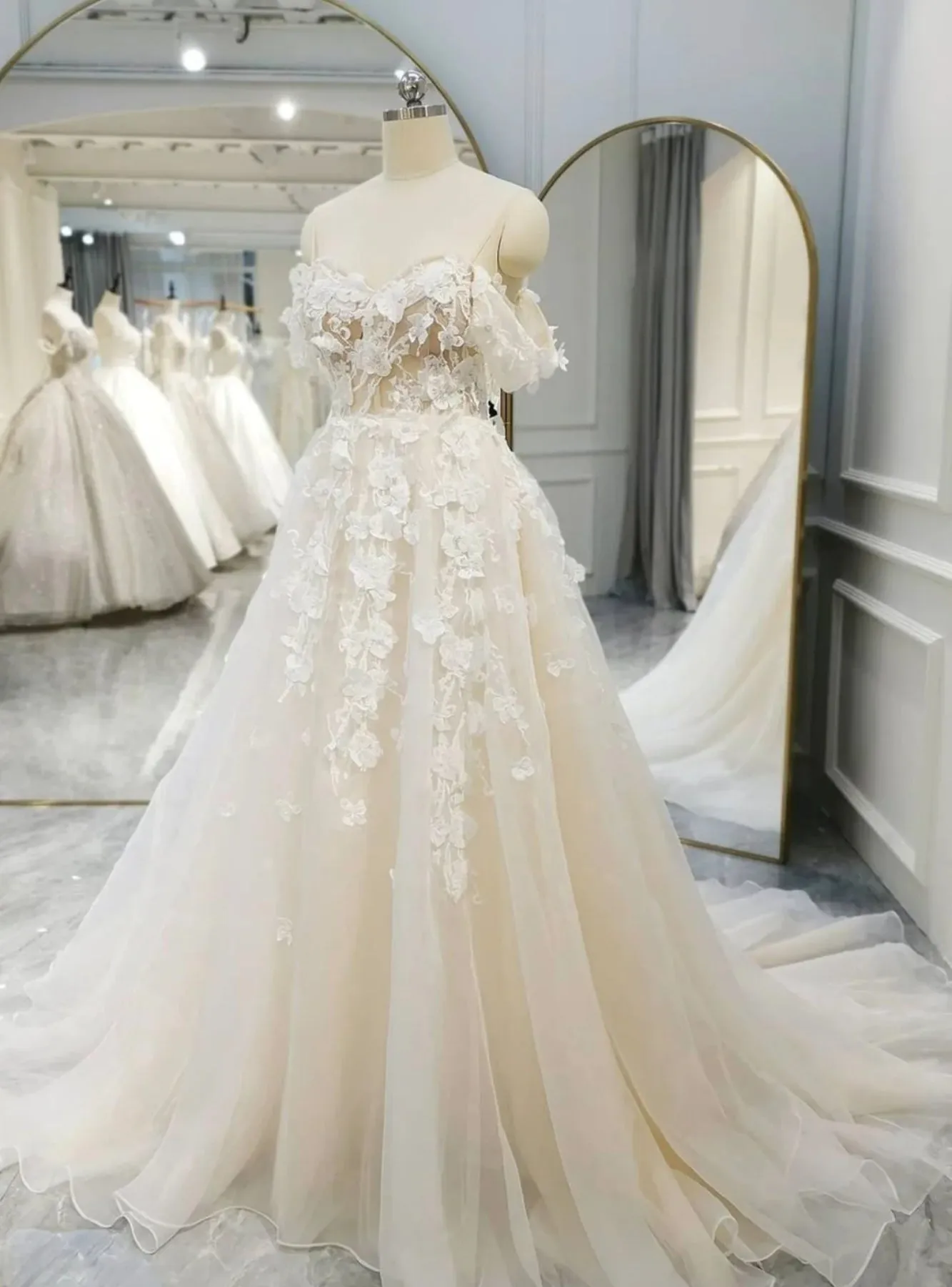 Champagne Tulle Off the Shoulder Appliques Wedding Dress