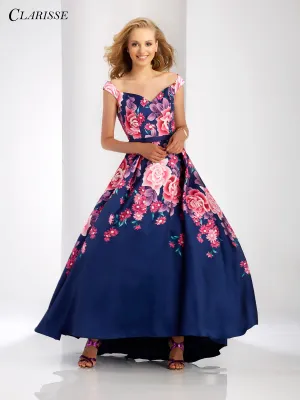 CLARISSE 3569 Navy Floral Print Off the Shoulder A-Line Dress - Size 2