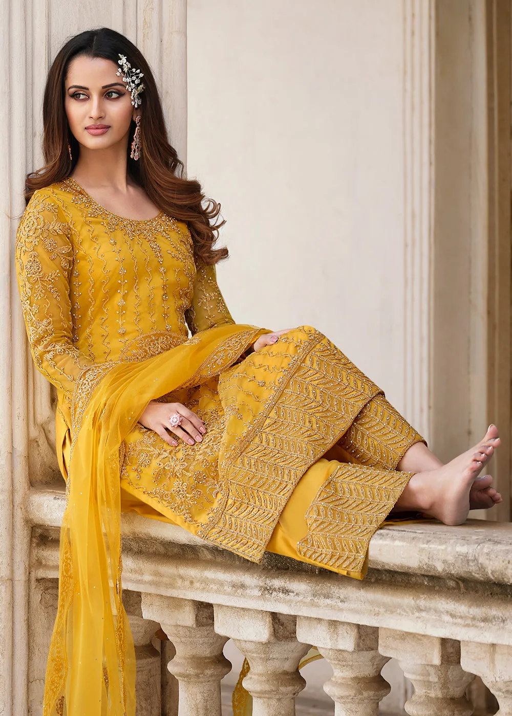 Cording Embroidered Yellow Designer Salwar Kameez