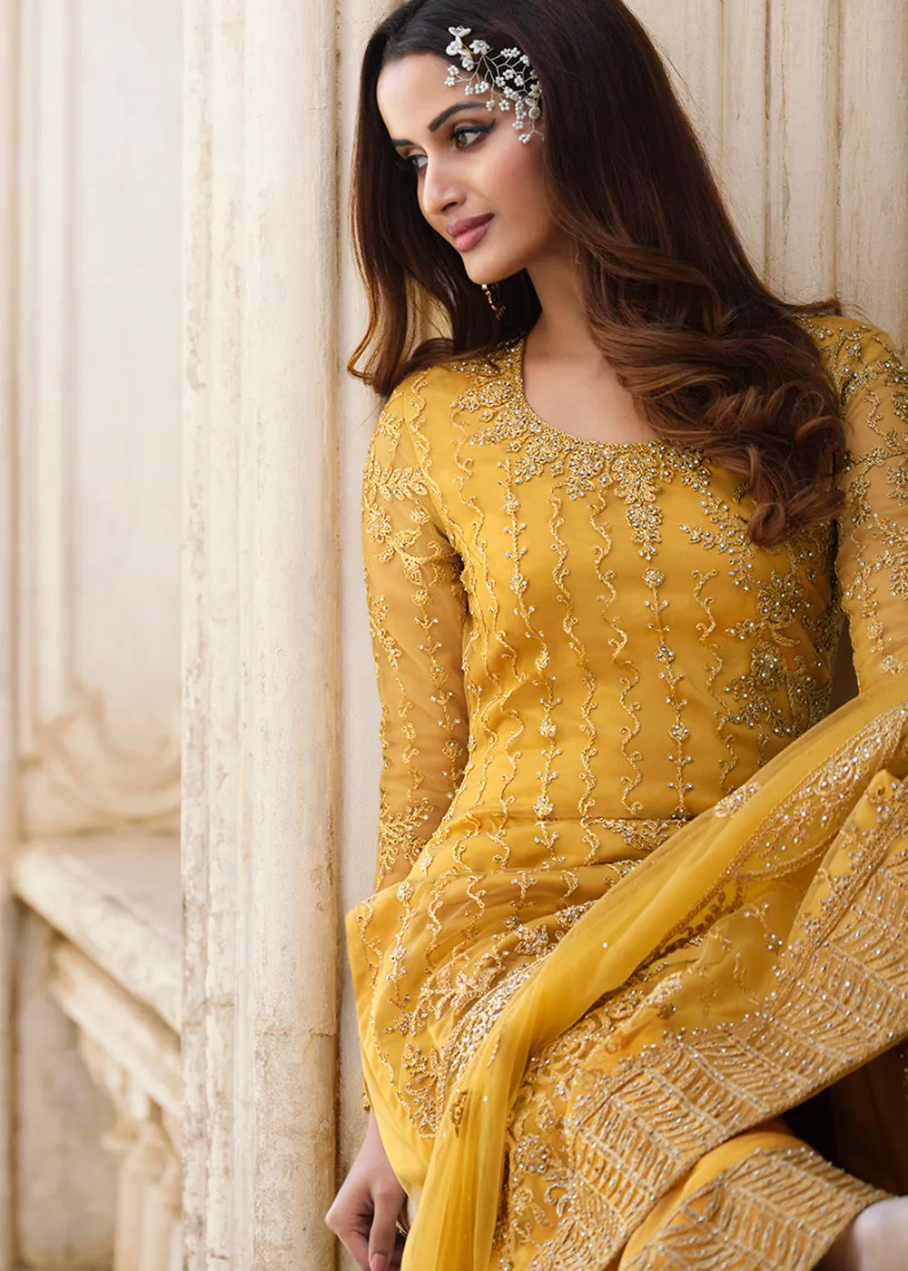 Cording Embroidered Yellow Designer Salwar Kameez