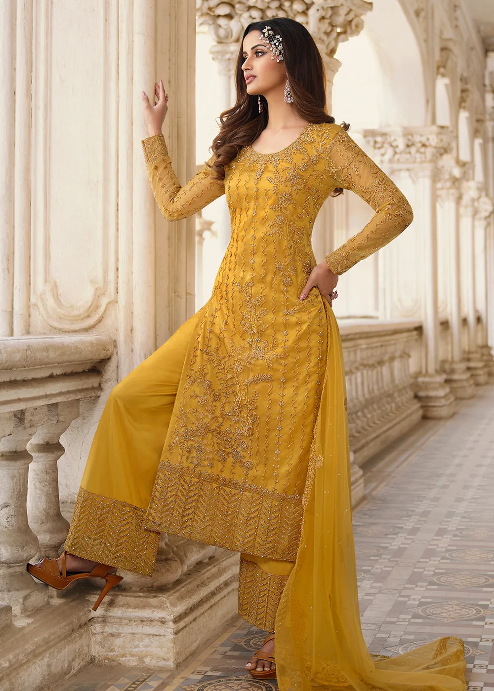 Cording Embroidered Yellow Designer Salwar Kameez