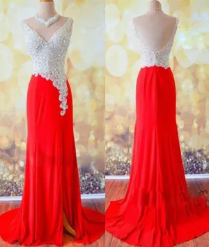 Custom Made A Line V Neck Backless Sequins Red Prom Dresses, Red Evening Dresses