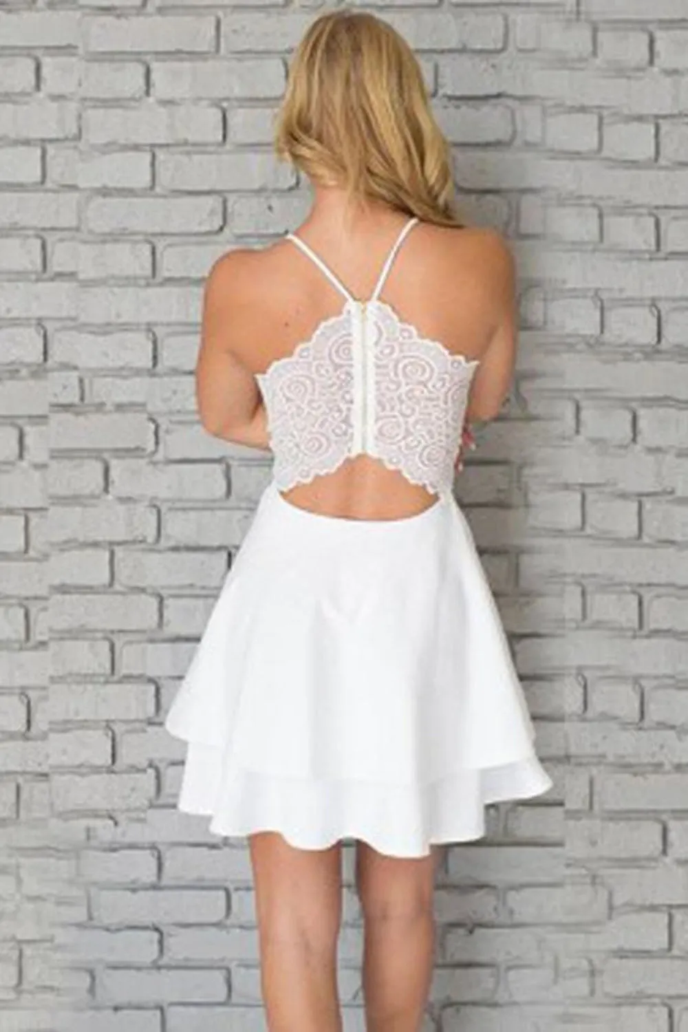 Cute V Neck White Short Prom with Lace Back, Short White Homecoming Formal Evening